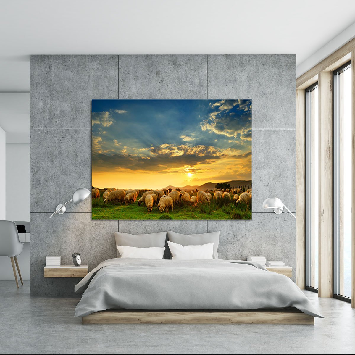 Flock of sheep grazing in a hill at sunset Canvas Print or Poster