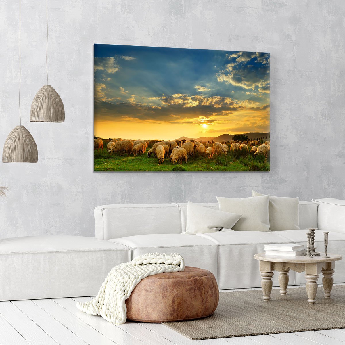 Flock of sheep grazing in a hill at sunset Canvas Print or Poster