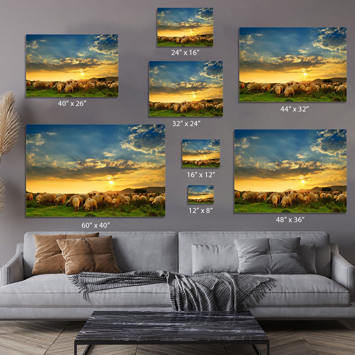 Flock of sheep grazing in a hill at sunset Canvas Print or Poster