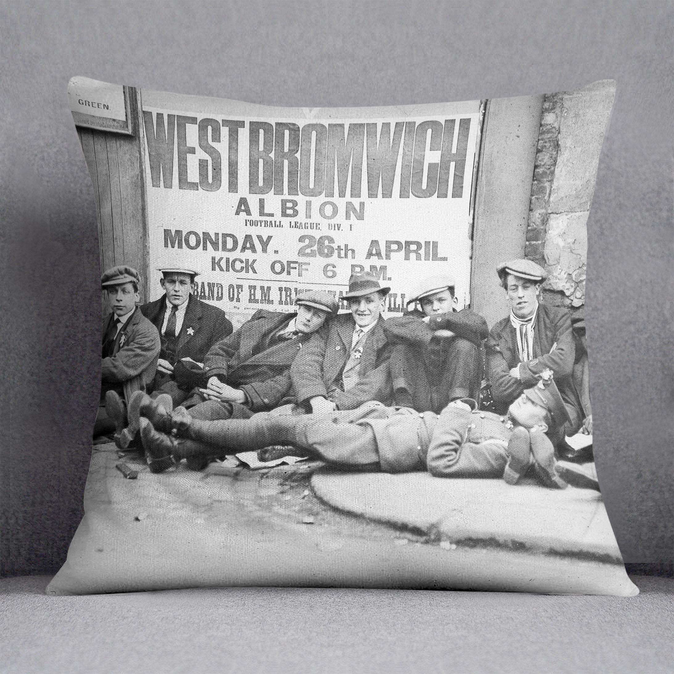 Football fans queue on the morning of a F.A. Cup match 1920 Cushion - Canvas Art Rocks - 1