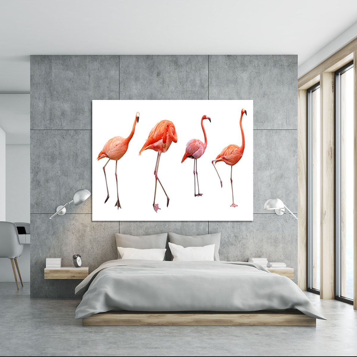 Four pink flamingo birds isolated on white Canvas Print or Poster