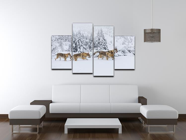 Four wolves in fresh snow in the mountains 4 Split Panel Canvas - Canvas Art Rocks - 3