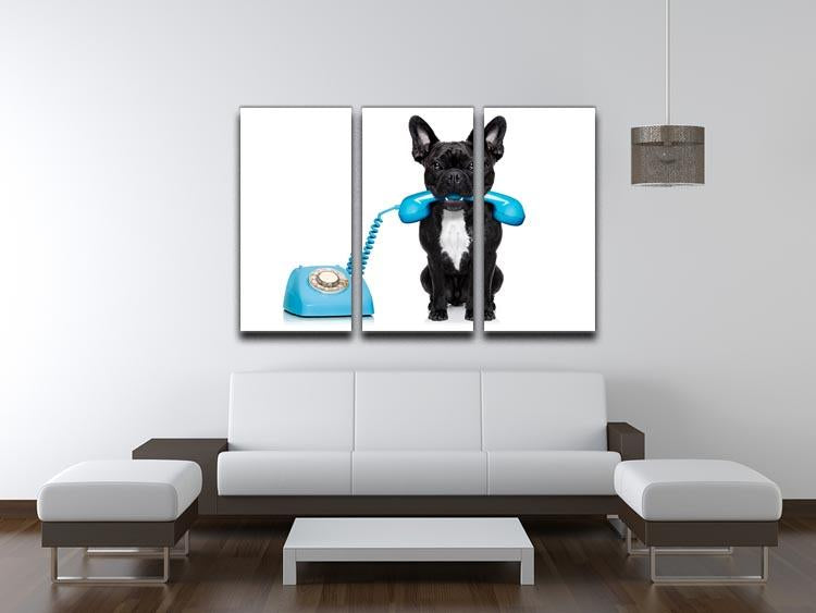 French bulldog dog on the phone or telephone in mouth 3 Split Panel Canvas Print - Canvas Art Rocks - 3