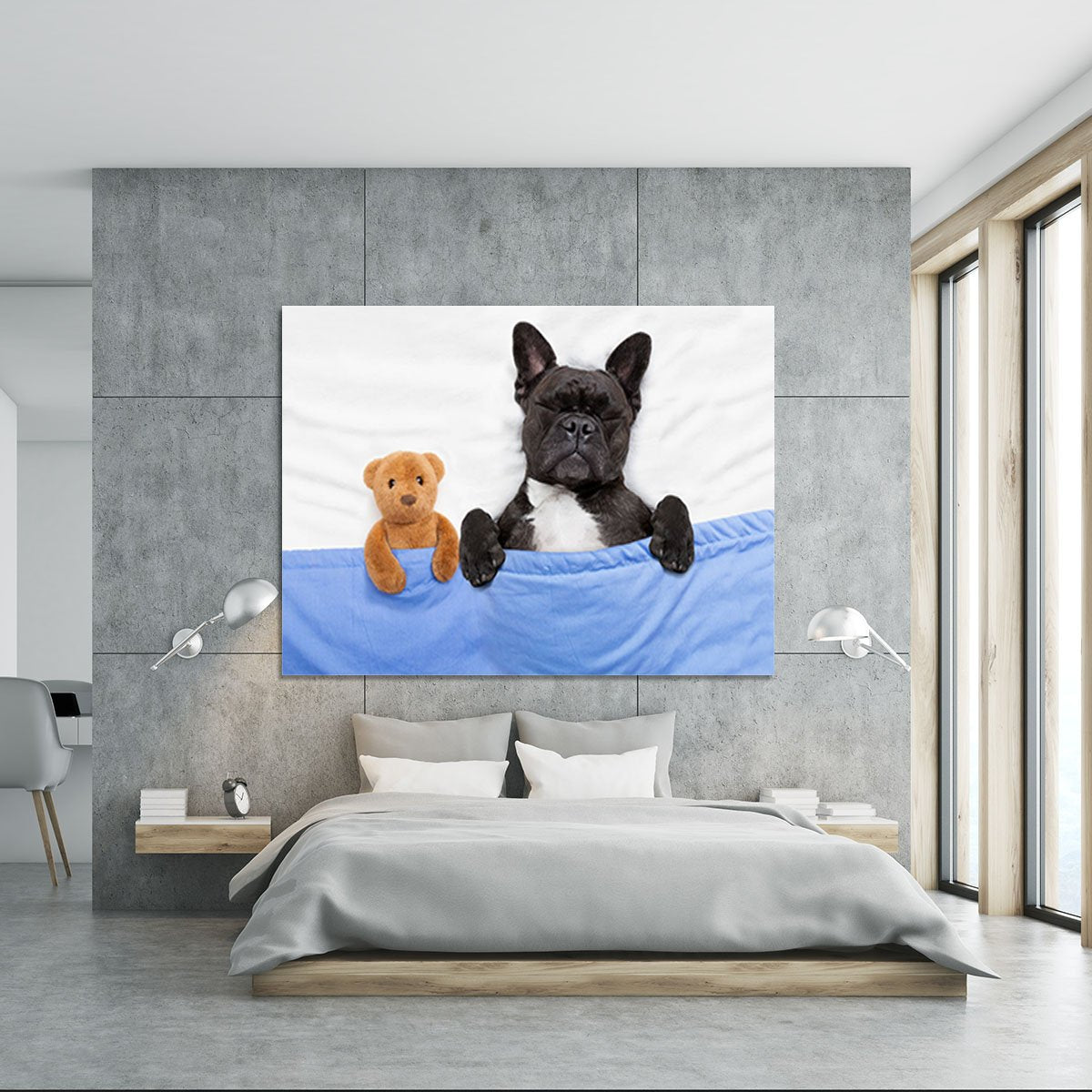 French bulldog dog with headache and hangover sleeping in bed Canvas Print or Poster