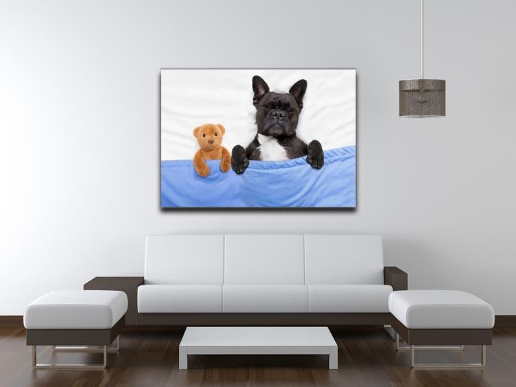 French bulldog dog with headache and hangover sleeping in bed Canvas Print or Poster - Canvas Art Rocks - 4