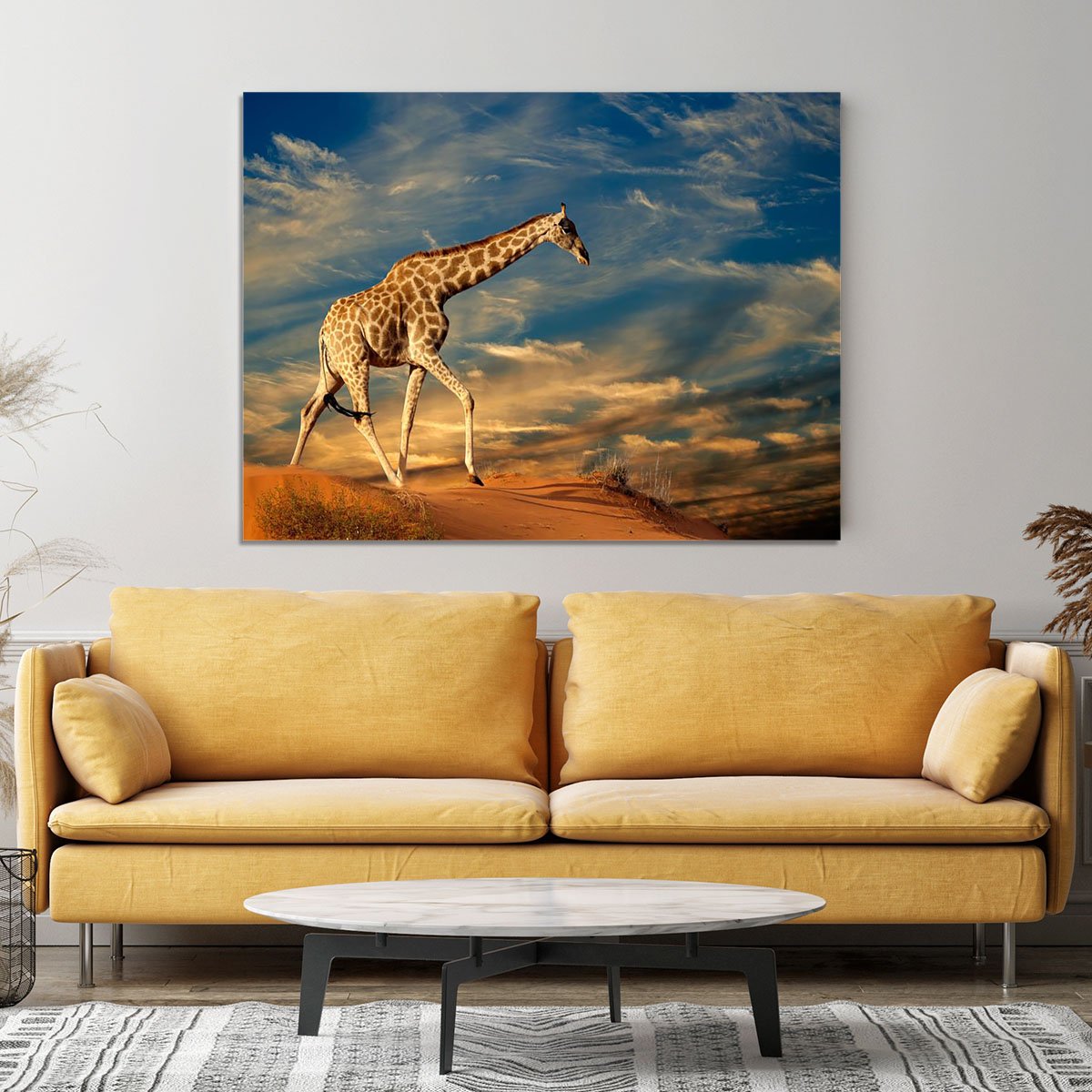 Giraffe walking on a sand dune with clouds South Africa Canvas Print or Poster