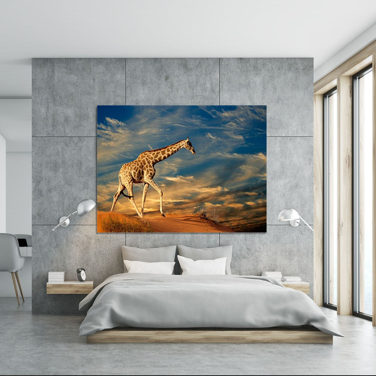 Giraffe walking on a sand dune with clouds South Africa Canvas Print or Poster
