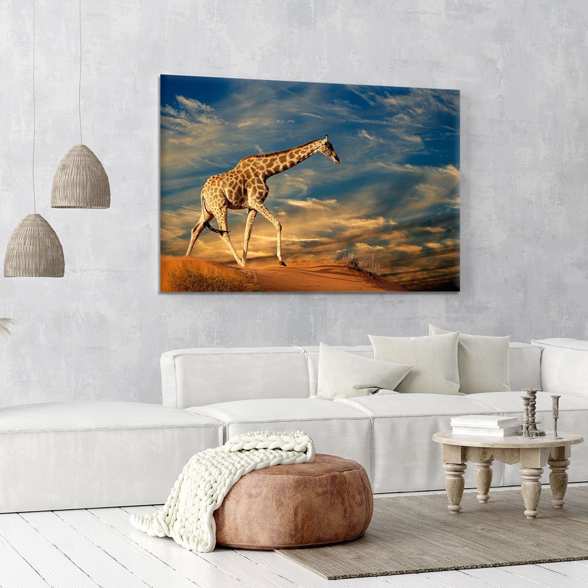 Giraffe walking on a sand dune with clouds South Africa Canvas Print or Poster