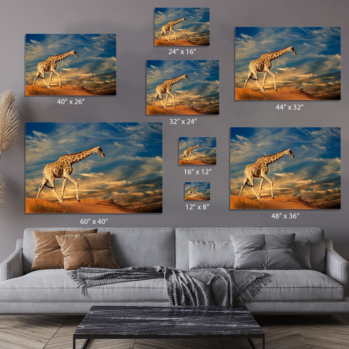 Giraffe walking on a sand dune with clouds South Africa Canvas Print or Poster
