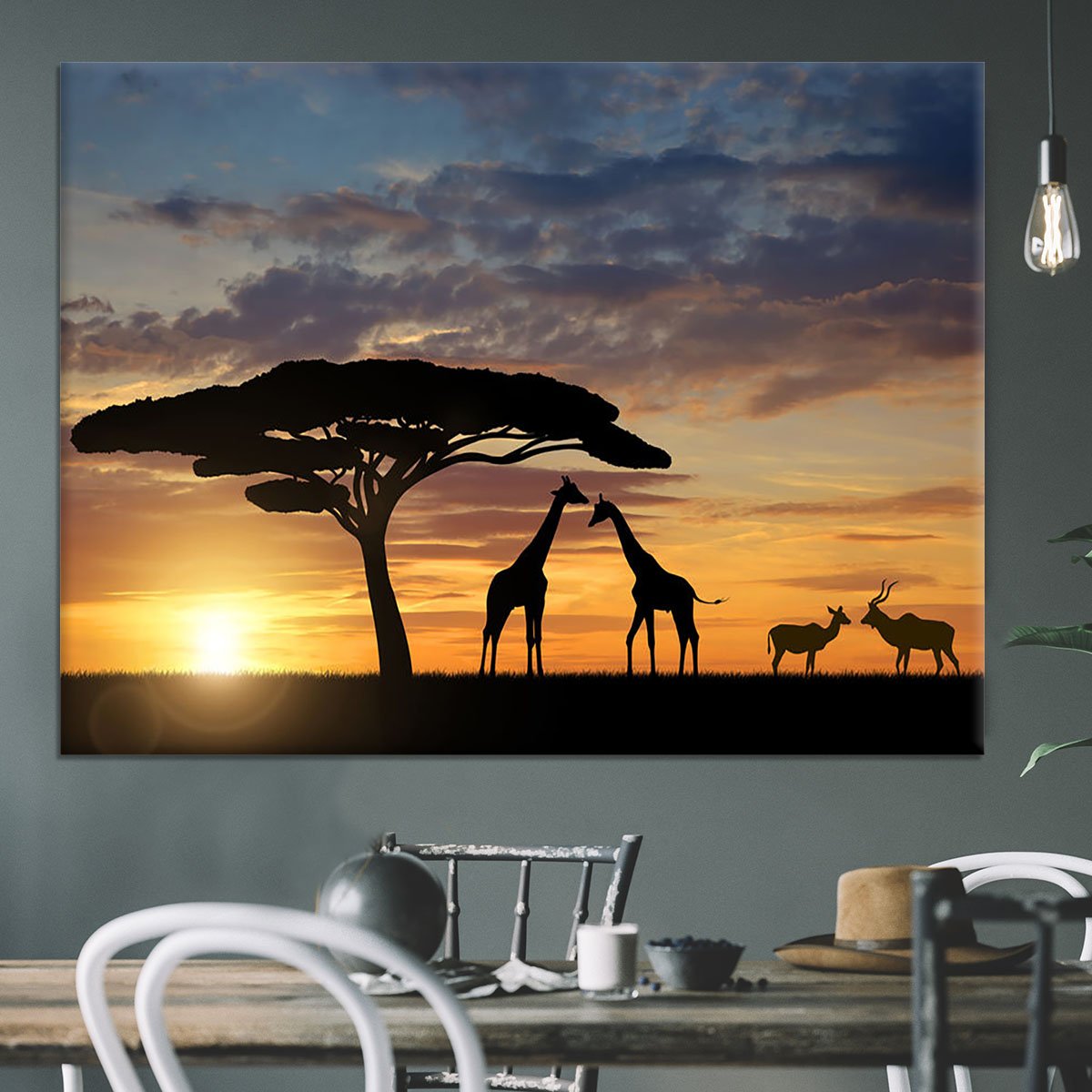 Giraffes with Kudu at sunset Canvas Print or Poster