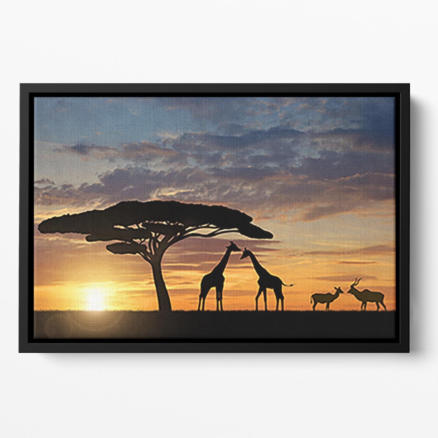 Giraffes with Kudu at sunset Floating Framed Canvas - Canvas Art Rocks - 2