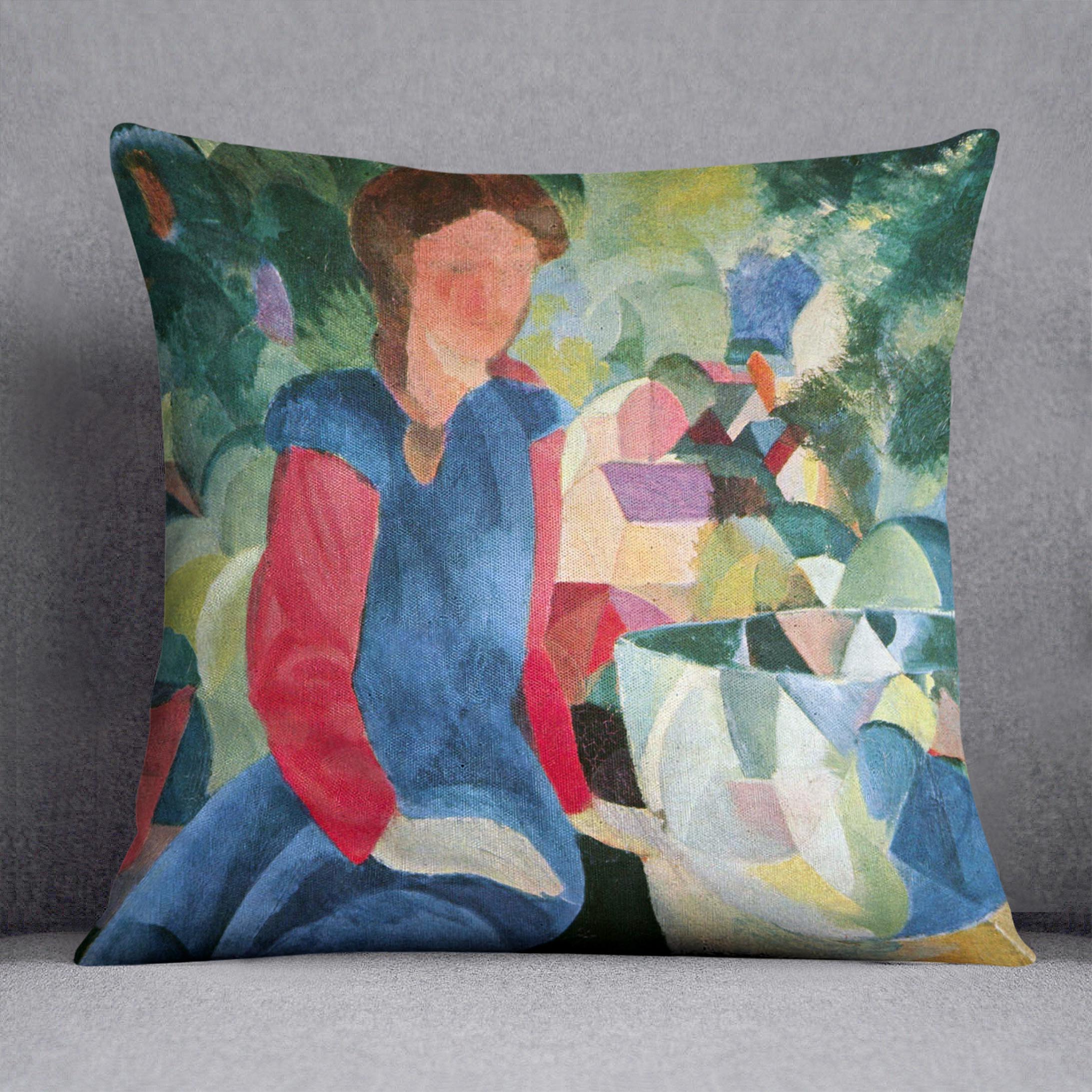 Girls with fish bell by Macke Cushion - Canvas Art Rocks - 1