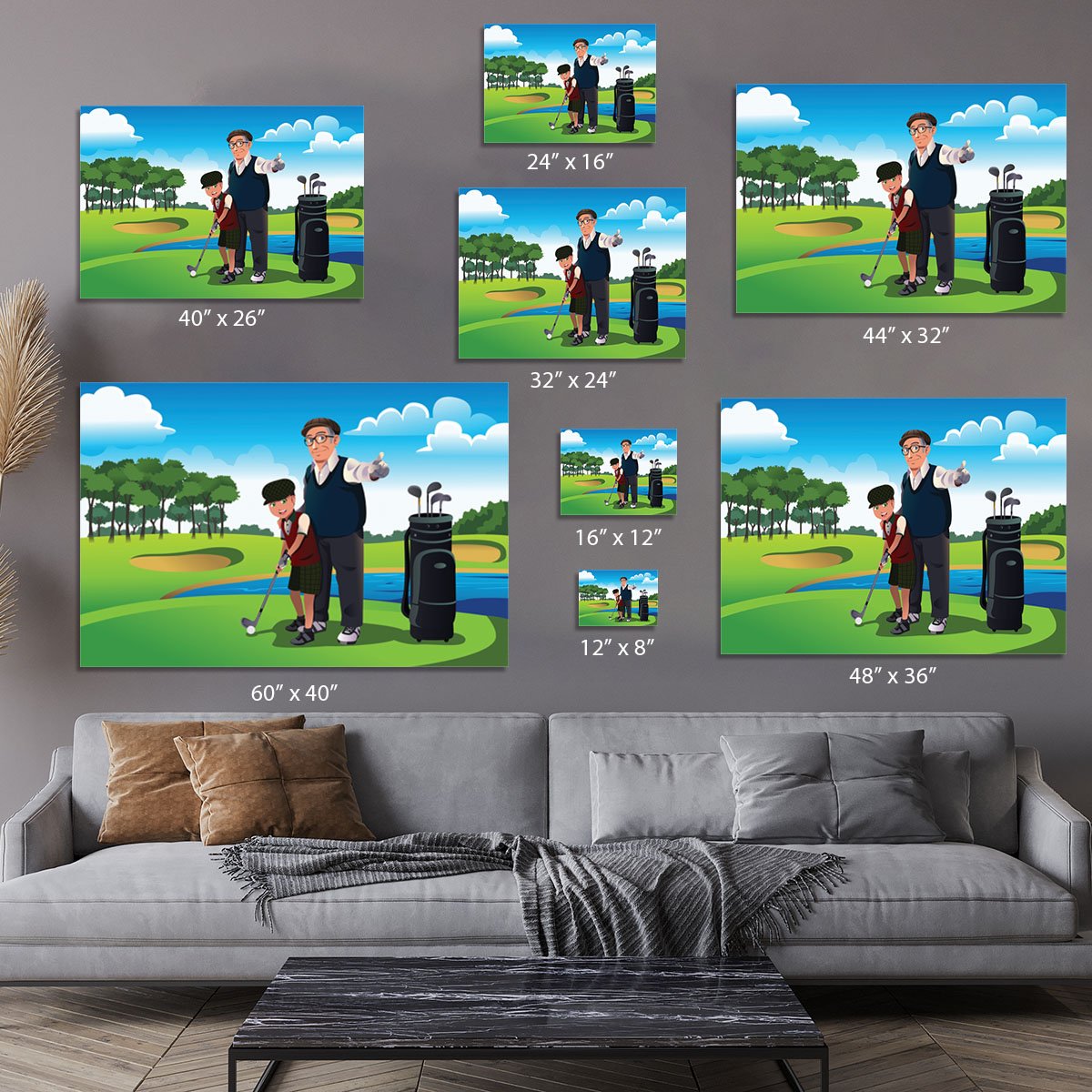 Grandfather teaching his grandson playing golf Canvas Print or Poster