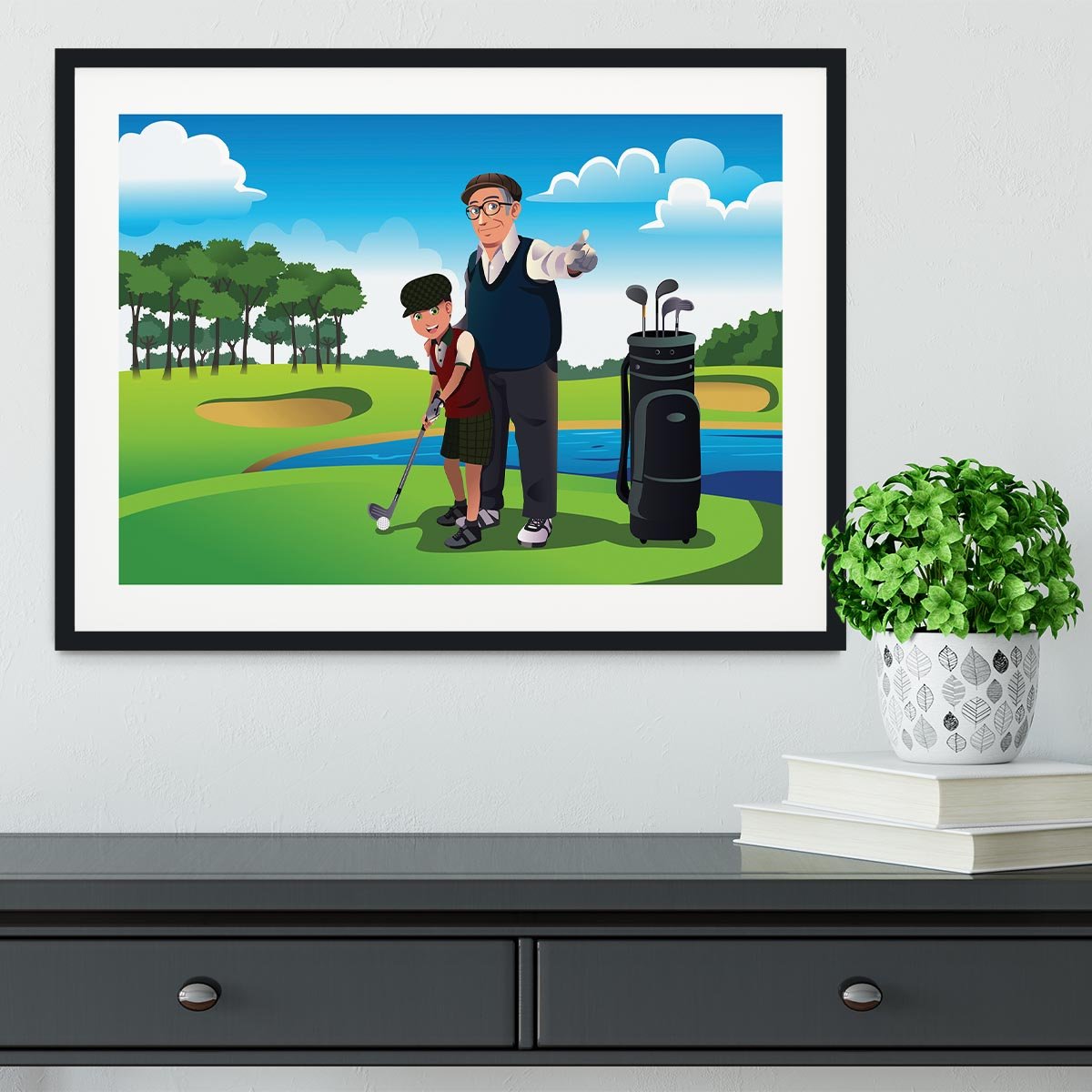 Grandfather teaching his grandson playing golf Framed Print - Canvas Art Rocks - 1