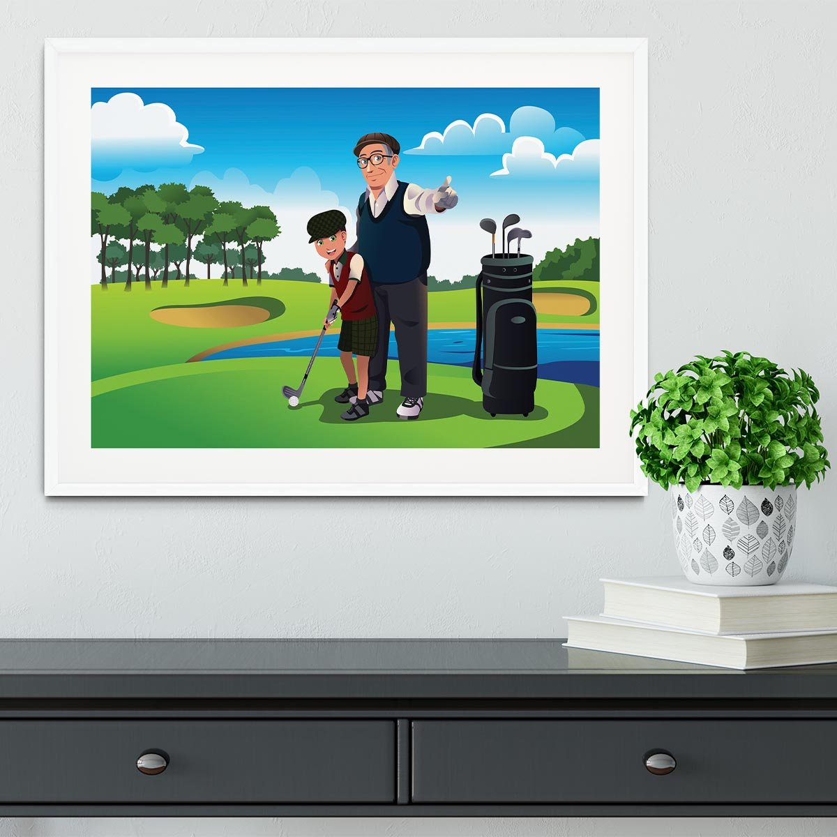 Grandfather teaching his grandson playing golf Framed Print - Canvas Art Rocks - 5