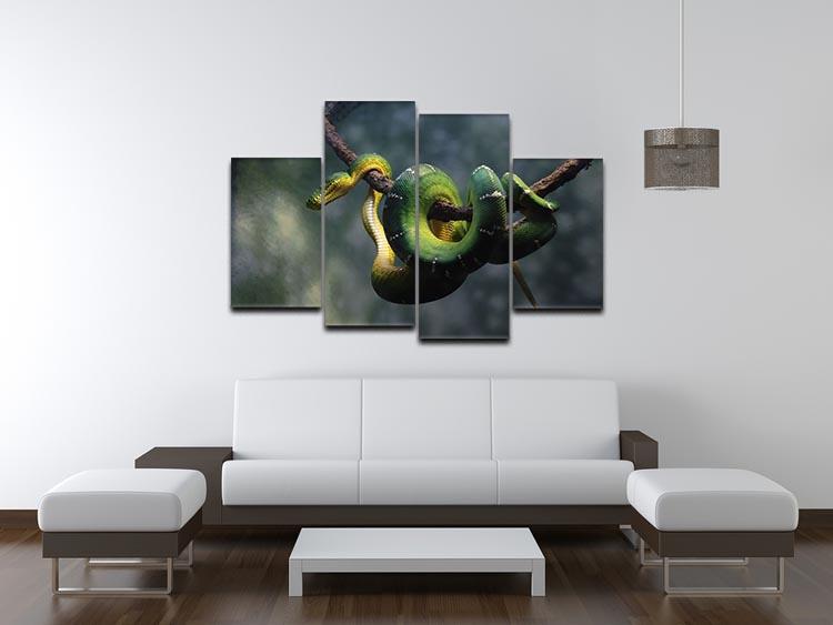 Green snake hangs on branch 4 Split Panel Canvas - Canvas Art Rocks - 3