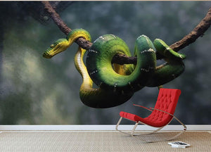 Green snake hangs on branch Wall Mural Wallpaper - Canvas Art Rocks - 2