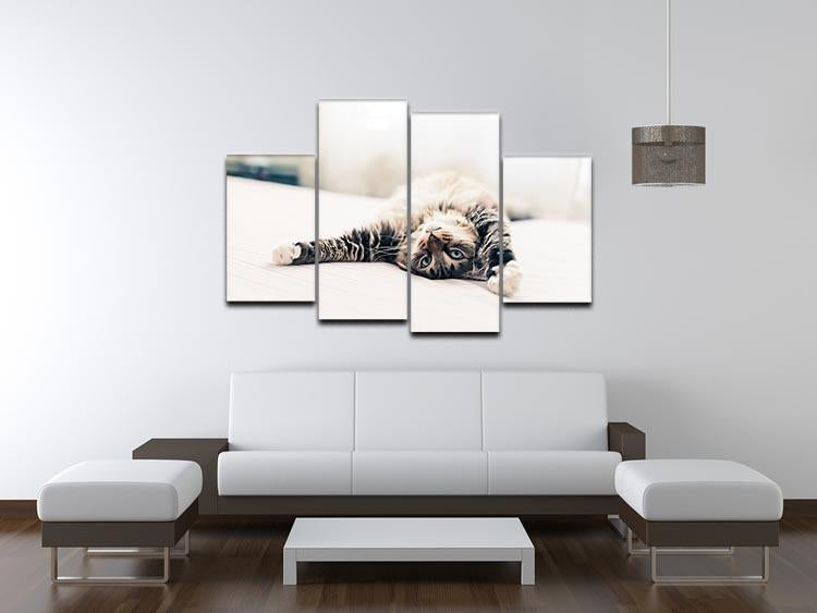 Grey cat lying on bed and stretching 4 Split Panel Canvas - Canvas Art Rocks - 3