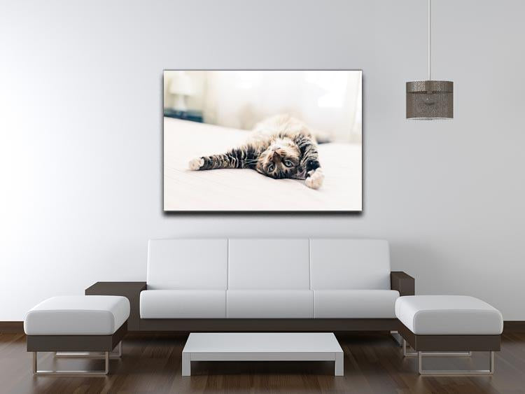 Grey cat lying on bed and stretching Canvas Print or Poster - Canvas Art Rocks - 4