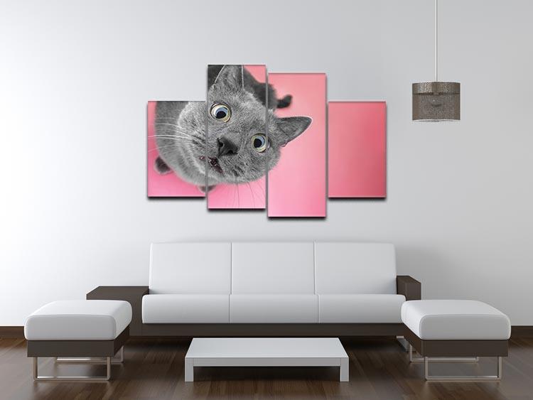 Grey cat sitting on the pink background 4 Split Panel Canvas - Canvas Art Rocks - 3
