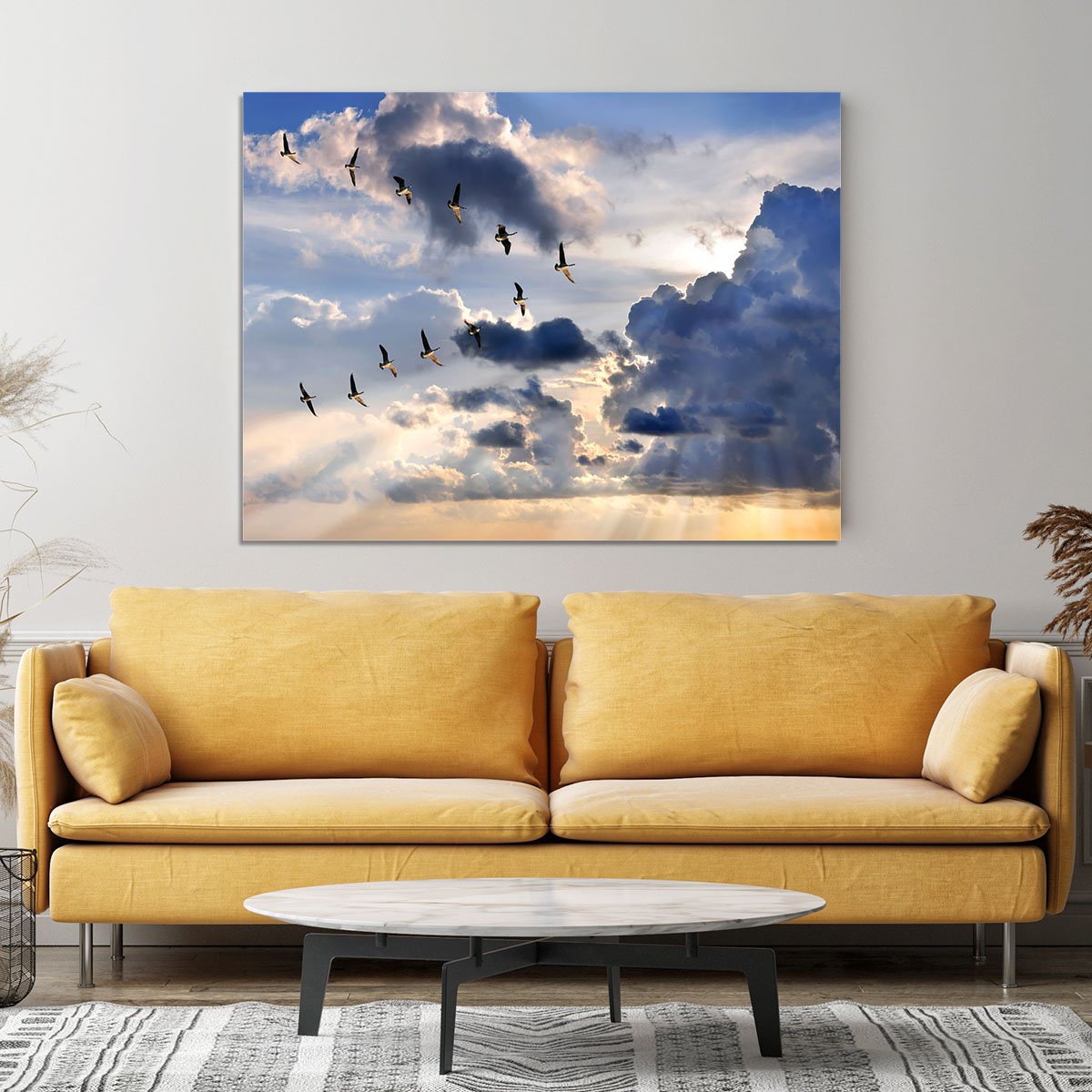 Group of Canadian geese flying in V-formation Canvas Print or Poster