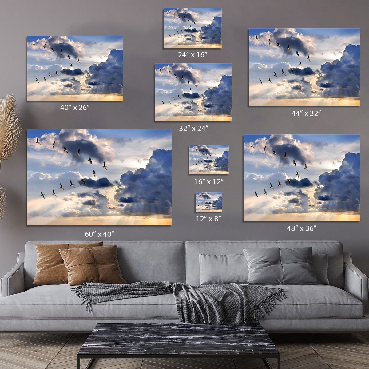 Group of Canadian geese flying in V-formation Canvas Print or Poster