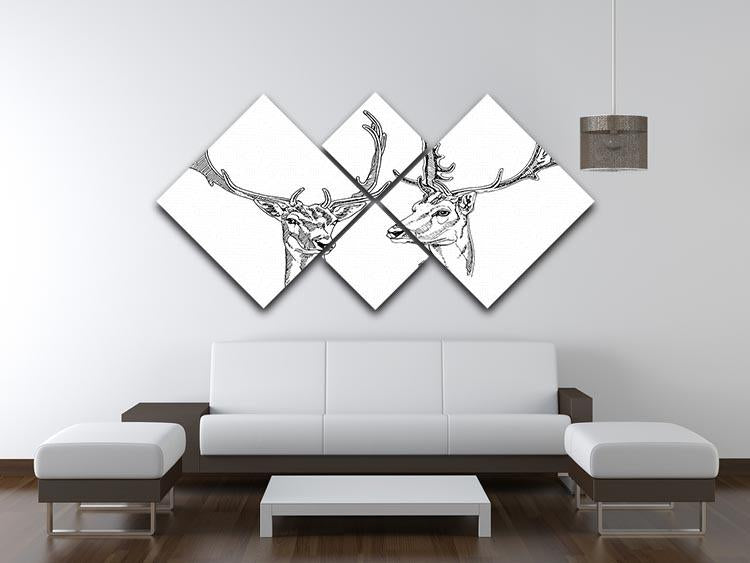 Hand drawn deer heads 4 Square Multi Panel Canvas - Canvas Art Rocks - 3