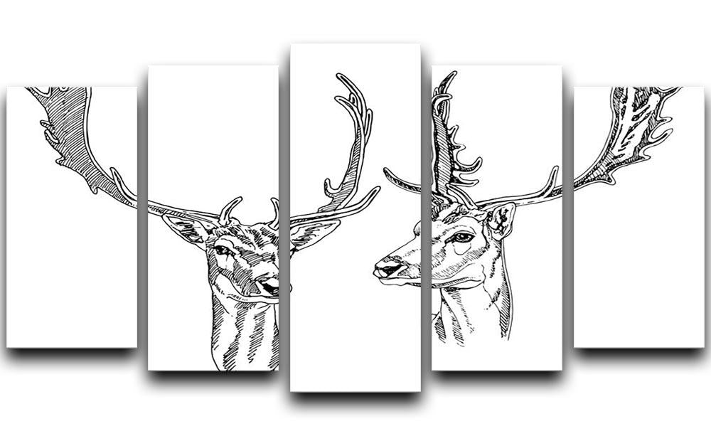 Hand drawn deer heads 5 Split Panel Canvas - Canvas Art Rocks - 1