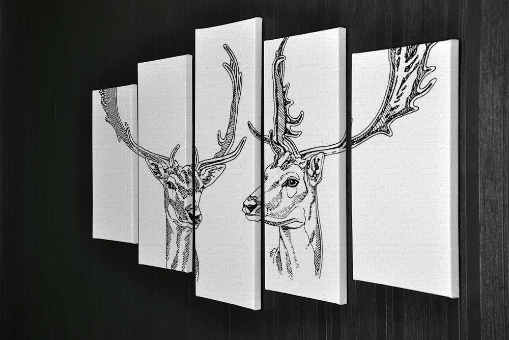 Hand drawn deer heads 5 Split Panel Canvas - Canvas Art Rocks - 2
