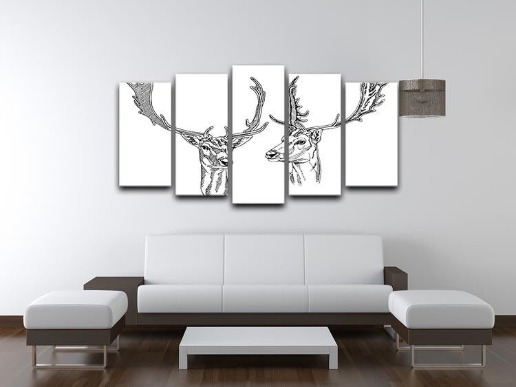 Hand drawn deer heads 5 Split Panel Canvas - Canvas Art Rocks - 3