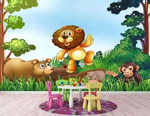 Happy animals living in the jungle Wall Mural Wallpaper - Canvas Art Rocks - 2