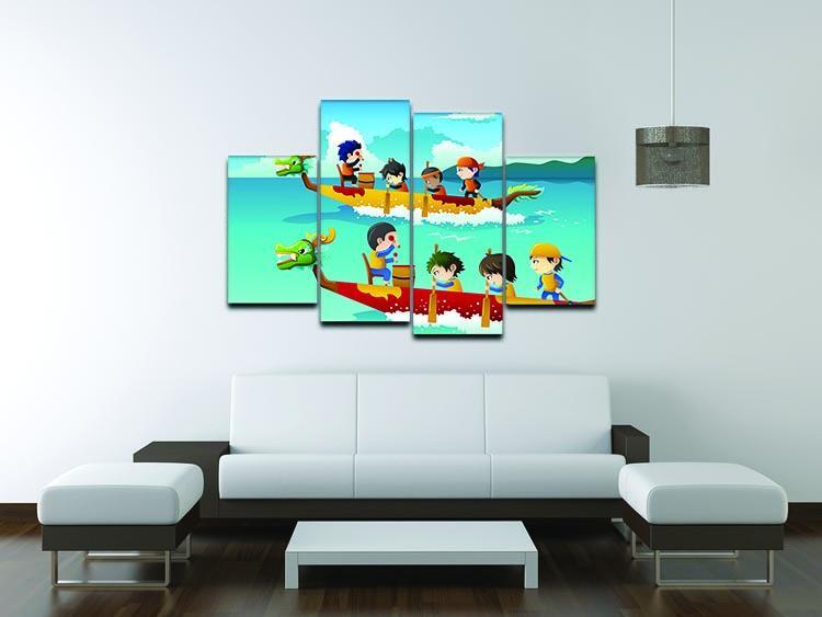 Happy kids in a boat race 4 Split Panel Canvas - Canvas Art Rocks - 3