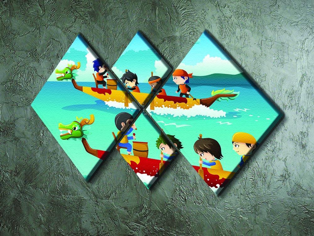 Happy kids in a boat race 4 Square Multi Panel Canvas - Canvas Art Rocks - 2