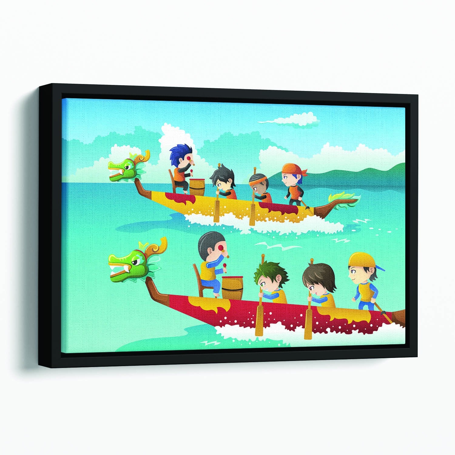 Happy kids in a boat race Floating Framed Canvas