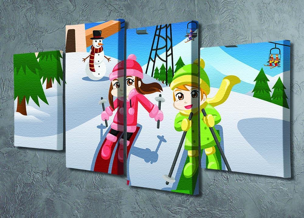 Happy kids skiing together 4 Split Panel Canvas - Canvas Art Rocks - 2