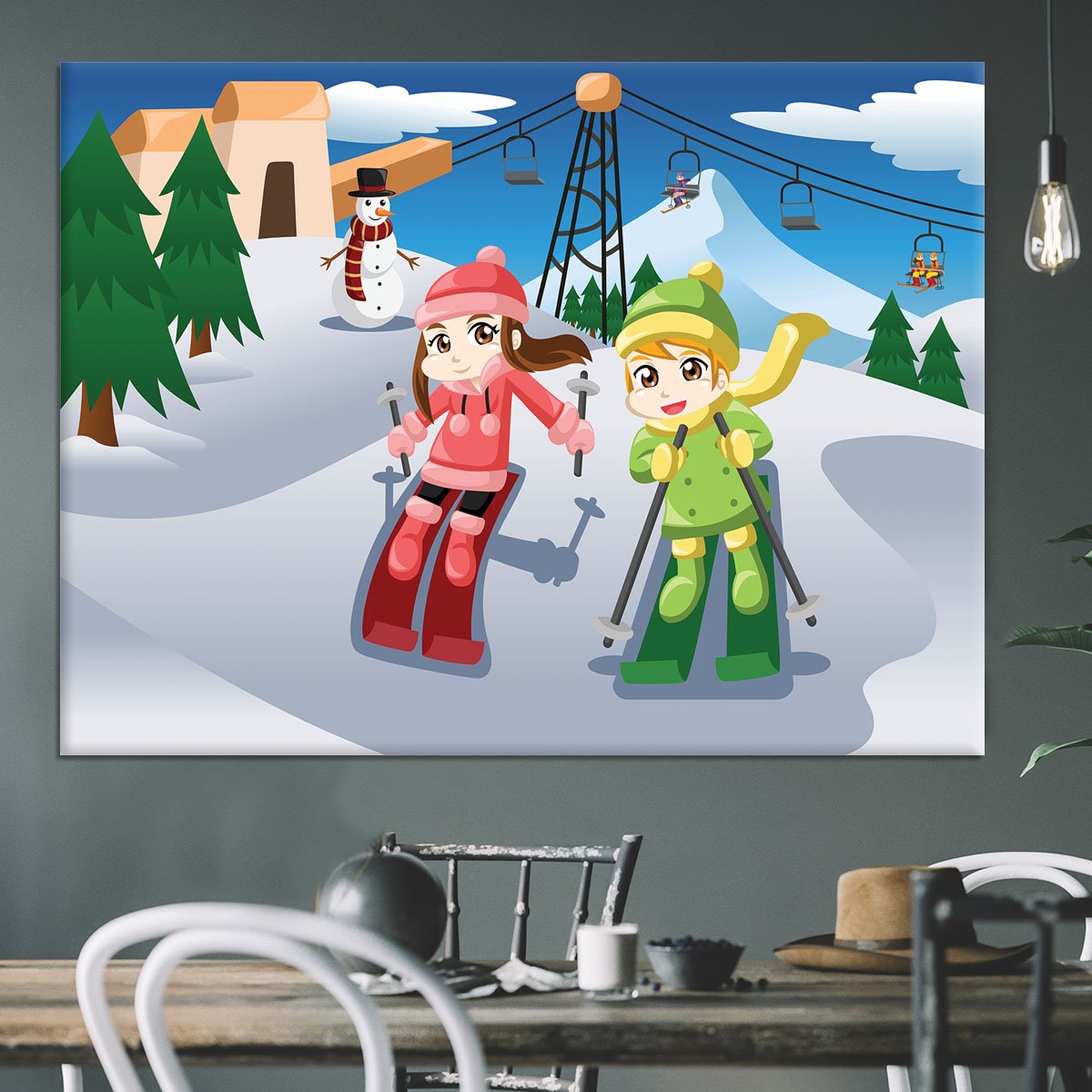 Happy kids skiing together Canvas Print or Poster