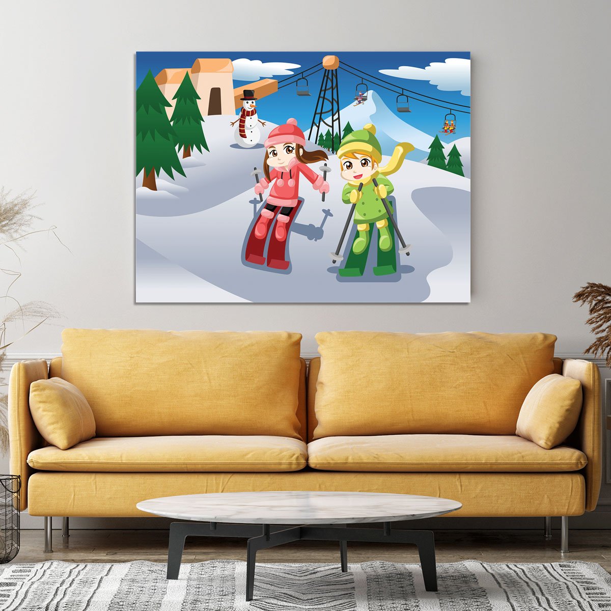 Happy kids skiing together Canvas Print or Poster