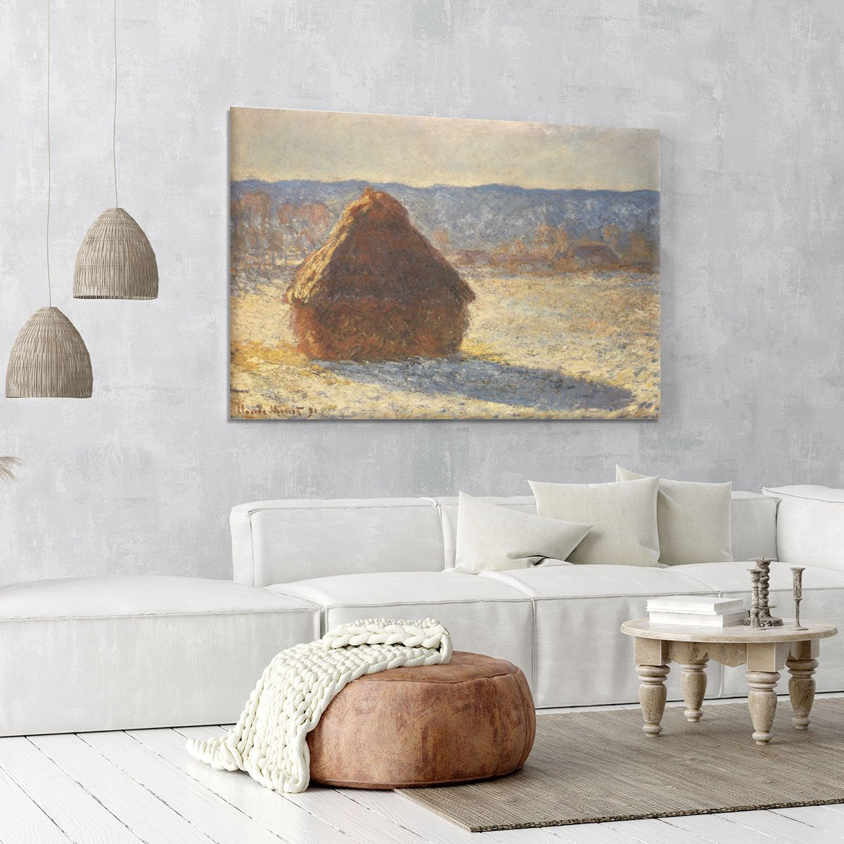 Haystacks snow morning by Monet Canvas Print or Poster