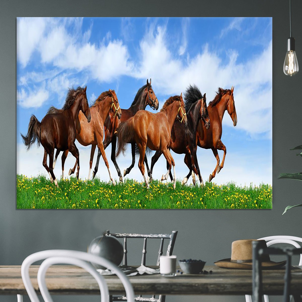 Herd gallops in green field Canvas Print or Poster