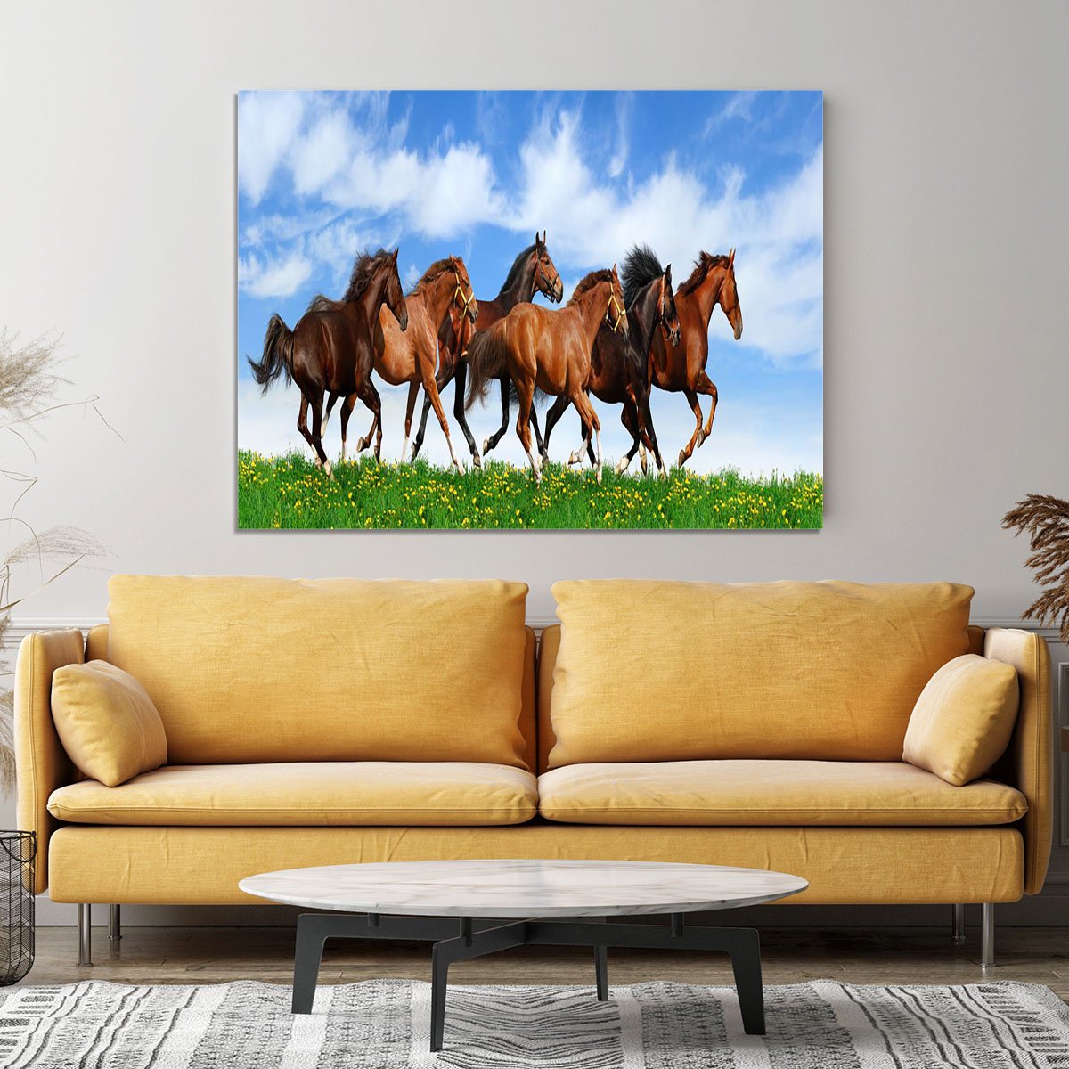 Herd gallops in green field Canvas Print or Poster