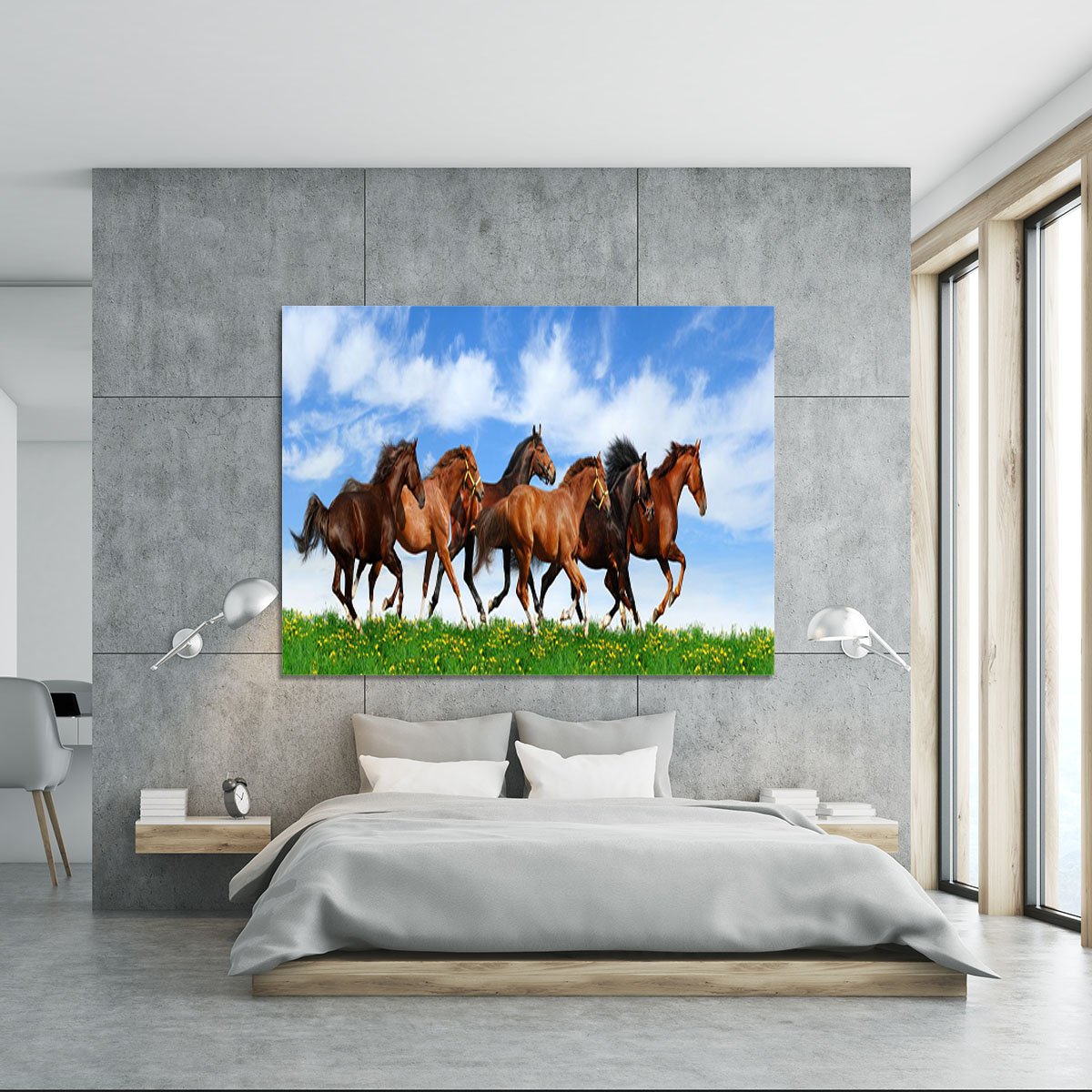 Herd gallops in green field Canvas Print or Poster