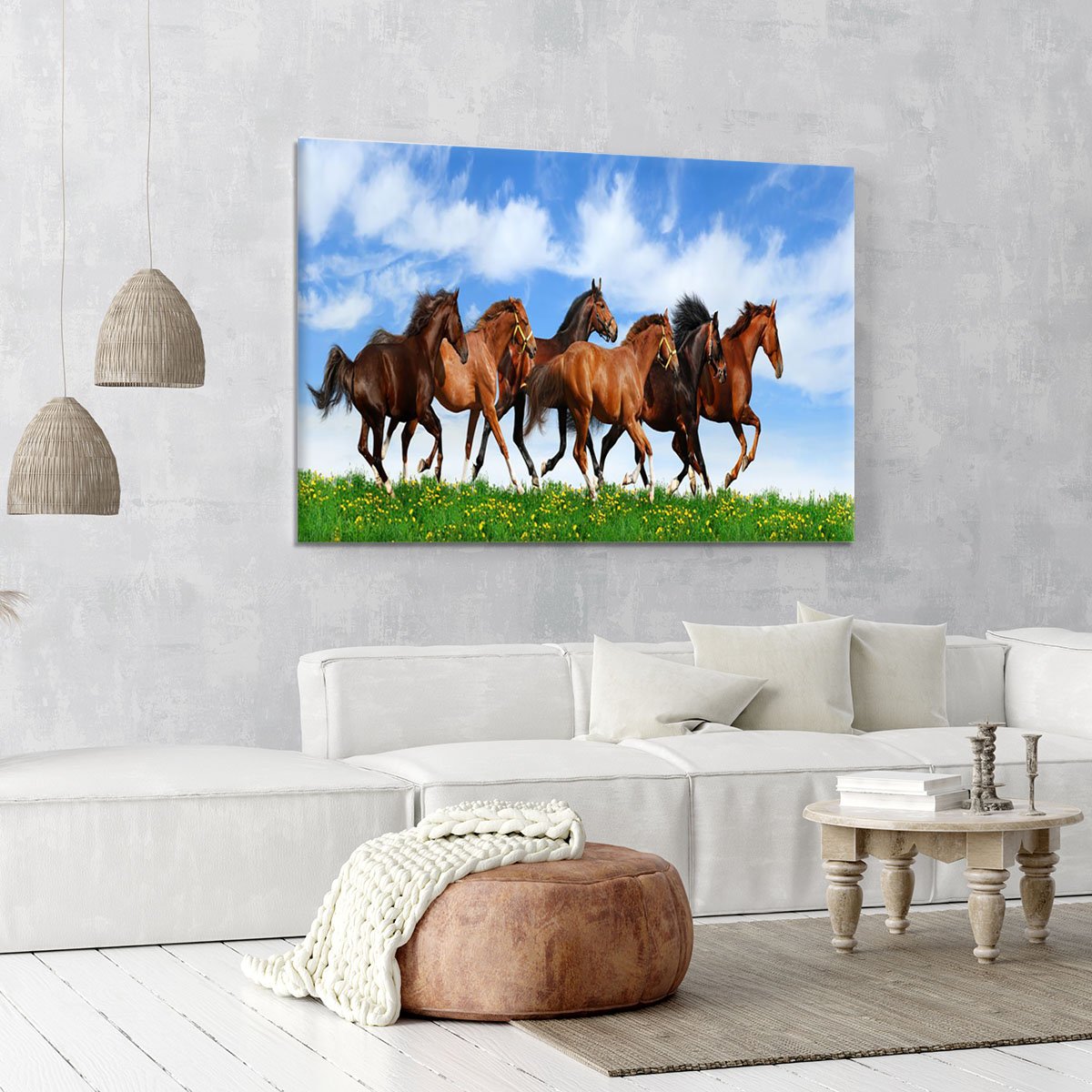 Herd gallops in green field Canvas Print or Poster