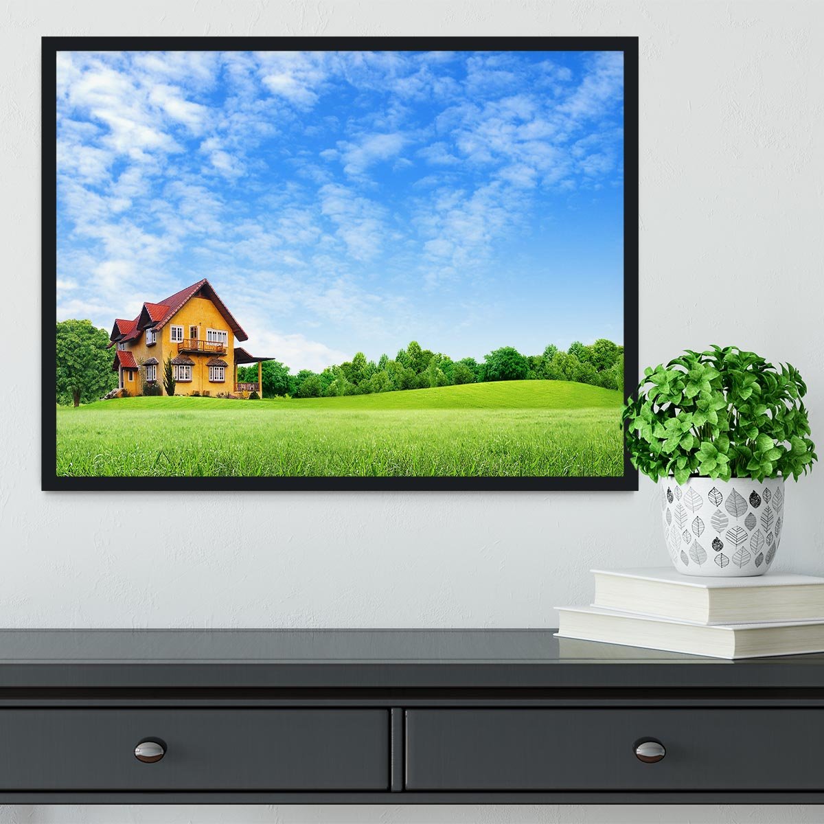House on green field Framed Print - Canvas Art Rocks - 2