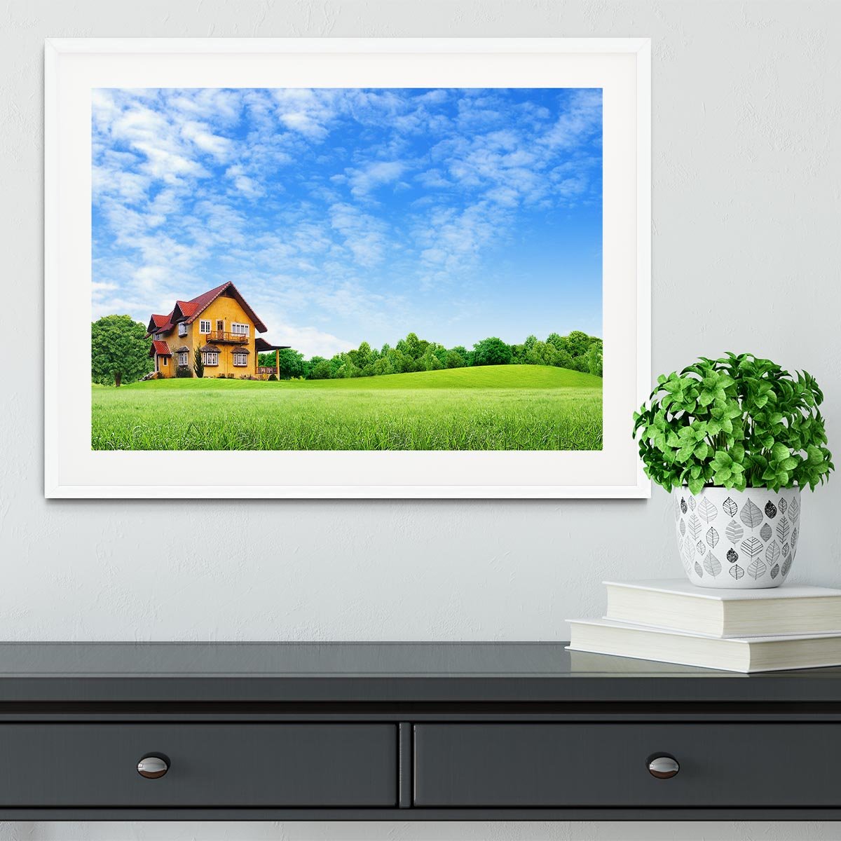House on green field Framed Print - Canvas Art Rocks - 5