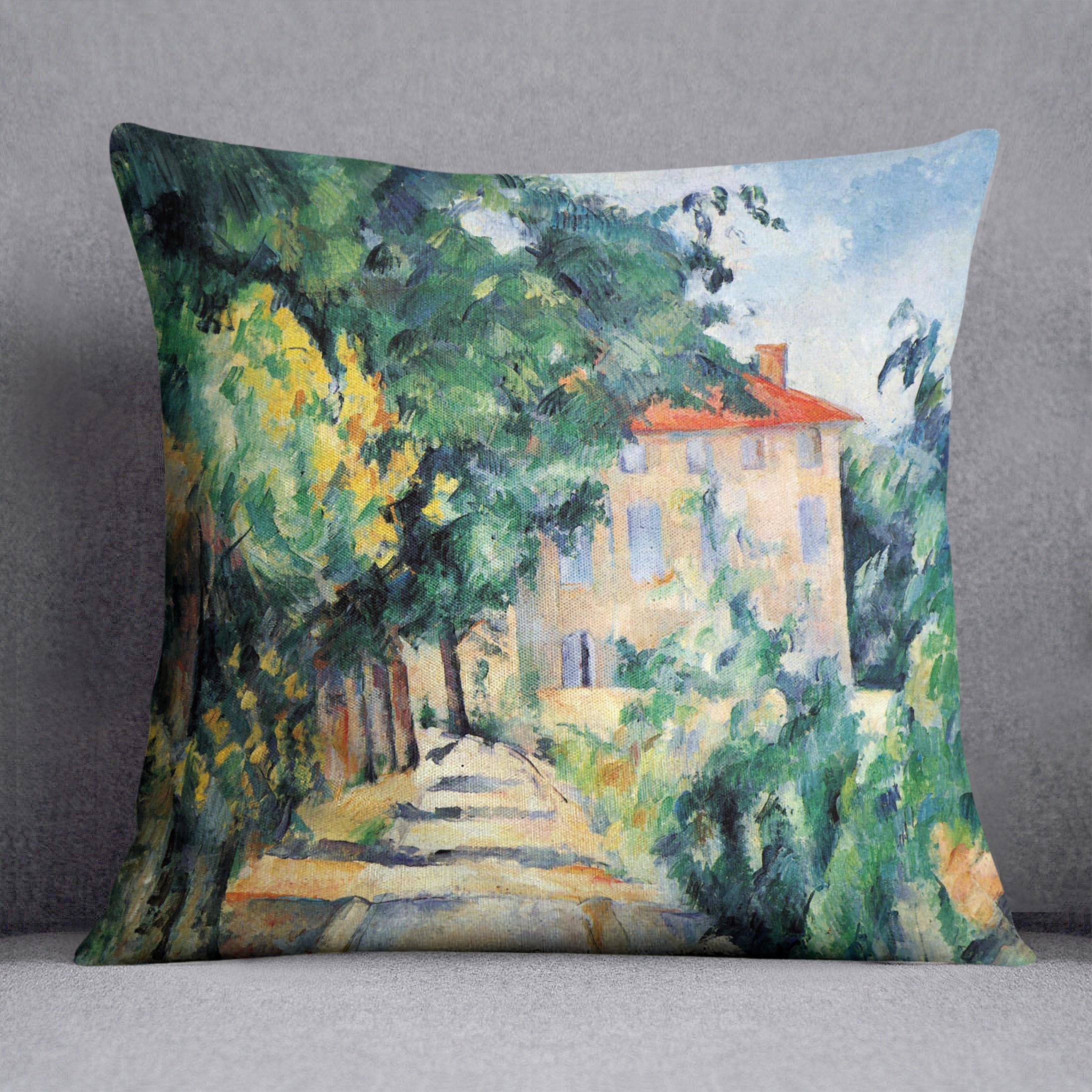 House with Red Roof by Cezanne Cushion - Canvas Art Rocks - 1