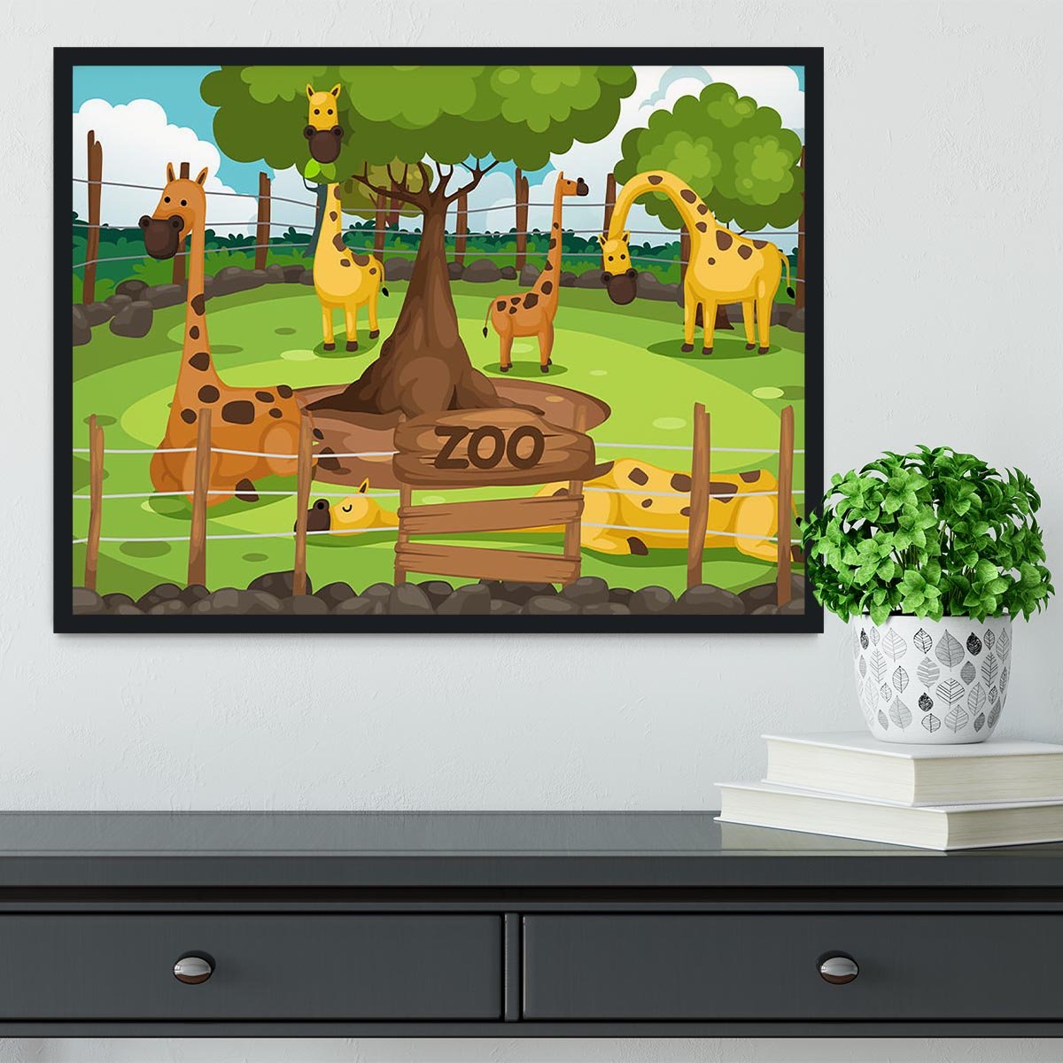 Illustration of a zoo and giraffe Framed Print - Canvas Art Rocks - 2