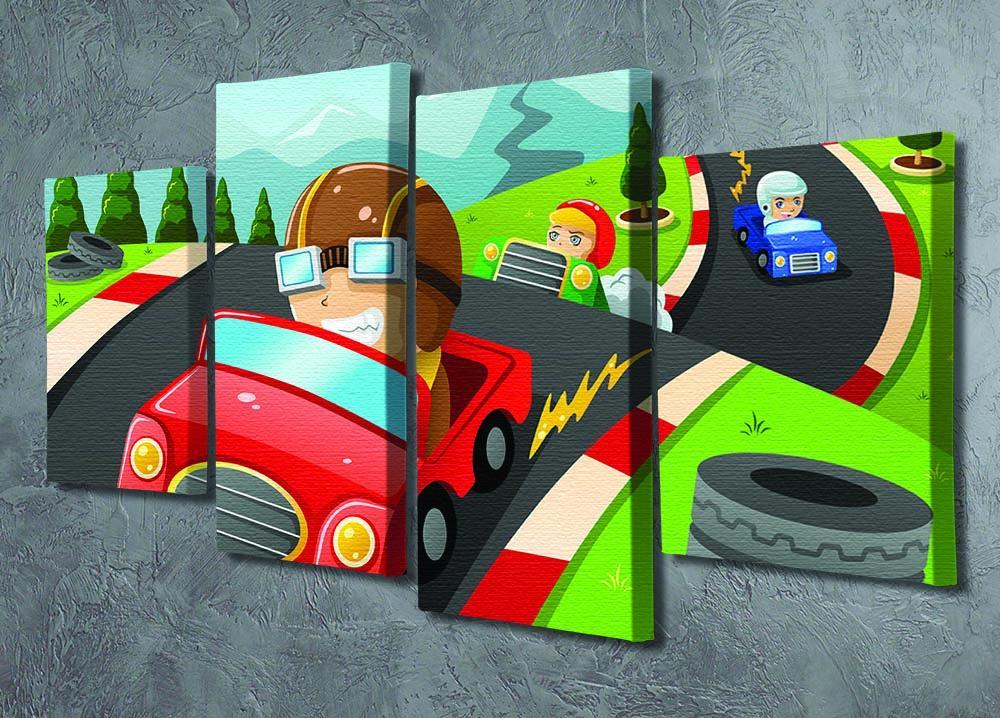 Illustration of happy kids in a car racing 4 Split Panel Canvas - Canvas Art Rocks - 2