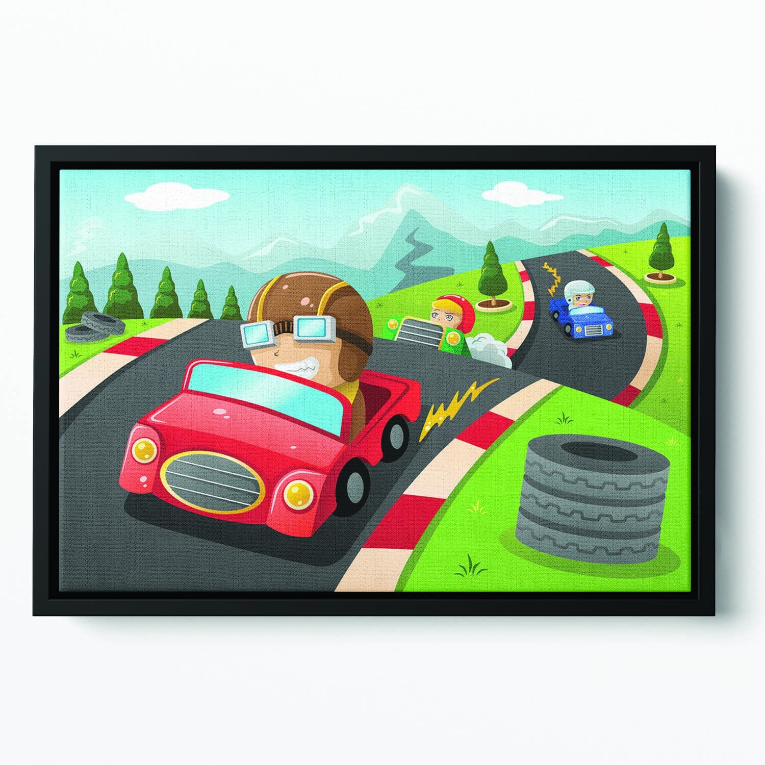 Illustration of happy kids in a car racing Floating Framed Canvas