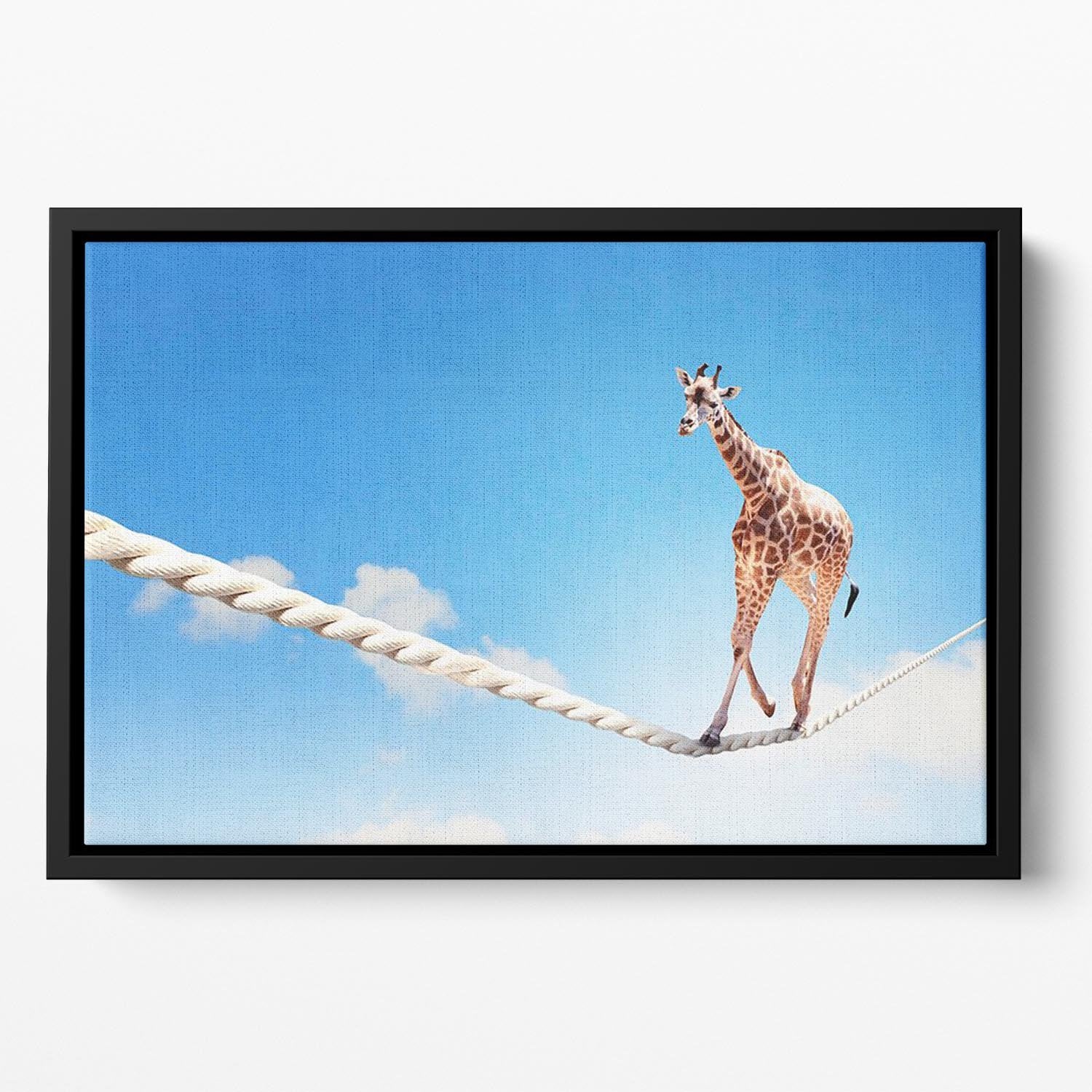 Image of giraffe walking on rope high in sky Floating Framed Canvas - Canvas Art Rocks - 2