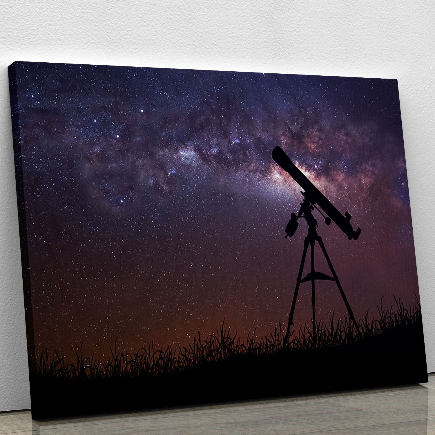 Infinite space background with silhouette of telescope Canvas Print or Poster